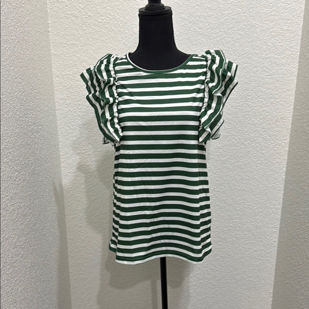 Green Striped Ruffle Sleeve Top